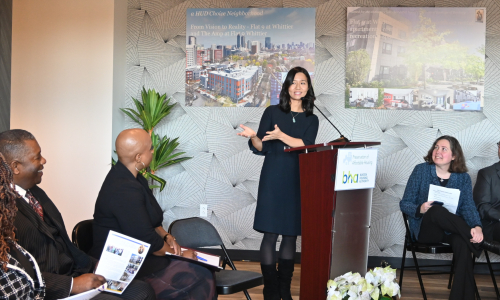 Mayor Wu at the podium